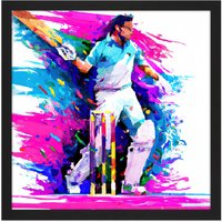 Artery8 Wall Art Print Sports Cricket Colourful Pink Blue Batsman Watercolour Oil Painting Square Framed Picture 16X16 Inch | Size: W16" x H16"