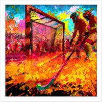 Artery8 Wall Art Print Field Hockey Game Abstract Vibrant Colourful Oil Painting Square Framed Picture 16X16 Inch in White | Size: W16" x H16"