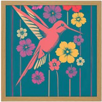 Artery8 Wall Art Print Coral Pink Hummingbird Yellow Purple Red Flowers Painting Square Framed Picture 16X16 Inch in Light Oak | Size: W16" x H16"