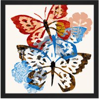 Artery8 Wall Art Print Butterflies Stamp Style Art Blue Red & Brown on White Nature Painting Square Framed Picture 16X16 Inch | Size: W16" x H16"