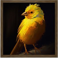 Artery8 Wall Art Print Yellow Canary on Black Oil Painting Portrait Plump Songbird Square Framed Picture 16X16 Inch in Brown | Size: W16" x H16"