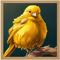 Artery8 Wall Art Print Bright Canary Bird Perched on Branch Yellow Oil Painting Square Framed Picture 16X16 Inch in Light Oak | Size: W16" x H16"