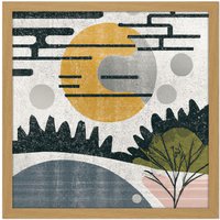 Artery8 Wall Art Print Abstract Landscape Grunge Boho Sunrise Vintage Square Framed Picture 16X16 Inch in Light Oak | Size: W16" x H16"