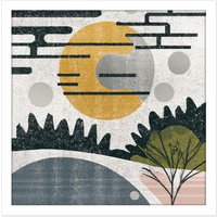 Artery8 Wall Art Print Abstract Landscape Grunge Boho Sunrise Vintage Square Framed Picture 16X16 Inch in White | Size: W16" x H16"