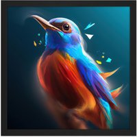 Artery8 Wall Art Print Bird Portrait Bright Blue Orange Colourful Painting Square Framed Picture 16X16 Inch in Black | Size: W16" x H16"