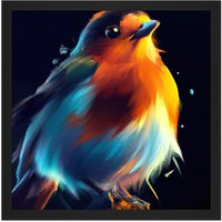 Artery8 Wall Art Print Fat Robin Bird Vibrant Acrylic Orange Blue on Black Painting Square Framed Picture 16X16 Inch | Size: W16" x H16"