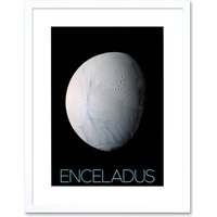 Artery8 Wall Art Print NASA Our Solar System Enceladus Saturn's Moon Ice Oceans Artwork Framed 9X7 Inch in White | Size: W7" x H9"