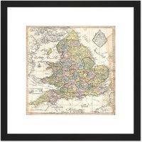 Artery8 Map 1840 Ottoman Cartographer England Wales 8X8 Inch Square Wooden Framed Wall Art Print Picture with Mount in Black