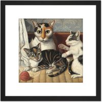 Artery8 Painting 19th Century American Cat & Kittens 8X8 Inch Square Wooden Framed Wall Art Print Picture with Mount in Black