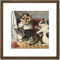 Artery8 Painting 19th Century American Cat & Kittens 8X8 Inch Square Wooden Framed Wall Art Print Picture with Mount in Brown