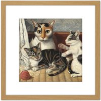 Artery8 Painting 19th Century American Cat & Kittens 8X8 Inch Square Wooden Framed Wall Art Print Picture with Mount in Light Oak