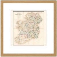 Artery8 John Bett's New Map Ireland 8X8 Inch Square Wooden Framed Wall Art Print Picture with Mount in Light Oak