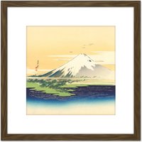 Artery8 Mount Fuji Japan 8X8 Inch Square Wooden Framed Wall Art Print Picture with Mount in Brown