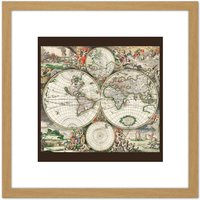 Artery8 Van Schagen 1689 Map Of The World 8X8 Inch Square Wooden Framed Wall Art Print Picture with Mount in Light Oak