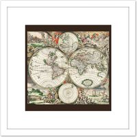 Artery8 Van Schagen 1689 Map Of The World 8X8 Inch Square Wooden Framed Wall Art Print Picture with Mount in White
