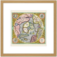 Artery8 Map 1606 Mercator Hondius Polar Arctic 8X8 Inch Square Wooden Framed Wall Art Print Picture with Mount in Light Oak