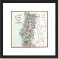Artery8 Map Antique 1801 Cary Portugal Old Historic Replica 8X8 Inch Square Wooden Framed Wall Art Print Picture with Mount in Black