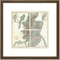 Artery8 Map Antique 1801 Cary Scotland Old Historic Replica 8X8 Inch Square Wooden Framed Wall Art Print Picture with Mount in Brown