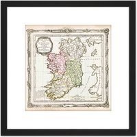 Artery8 Map Antique De La Tour 1766 Ireland Historic Replica 8X8 Inch Square Wooden Framed Wall Art Print Picture with Mount in Black