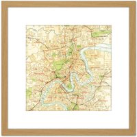 Artery8 Map Antique Gordon Gotch 1920 Brisbane City Plan Replica 8X8 Inch Square Wooden Framed Wall Art Print Picture with Mount in Light Oak