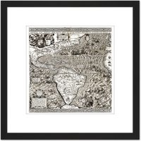 Artery8 Map Antique Gutierrez 1562 Americas Atlantic Replica 8X8 Inch Square Wooden Framed Wall Art Print Picture with Mount in Black
