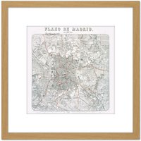 Artery8 Map Antique Morales 1879 Madrid City Plan Old Replica 8X8 Inch Square Wooden Framed Wall Art Print Picture with Mount in Light Oak