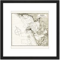 Artery8 Map Antique Rosser 1869 Cadiz Spain Historic Replica 8X8 Inch Square Wooden Framed Wall Art Print Picture with Mount in Black