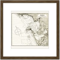 Artery8 Map Antique Rosser 1869 Cadiz Spain Historic Replica 8X8 Inch Square Wooden Framed Wall Art Print Picture with Mount in Brown