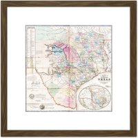Artery8 Map Antique 1849 De Cordova Texas State USA Replica 8X8 Inch Square Wooden Framed Wall Art Print Picture with Mount in Brown