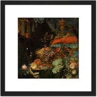 Artery8 Mignon Still Life With Fruit Goldfinch Painting 8X8 Inch Square Wooden Framed Wall Art Print Picture with Mount in Black