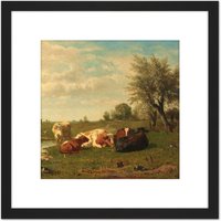 Artery8 Bilders Cows In The Meadow Landscape Painting 8X8 Inch Square Wooden Framed Wall Art Print Picture with Mount in Black