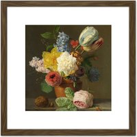 Artery8 Oberman Still Life With Flowers Nuts Painting 8X8 Inch Square Wooden Framed Wall Art Print Picture with Mount in Brown