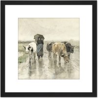 Artery8 Mauve Herdess With Cows Country Road Rain Painting 8X8 Inch Square Wooden Framed Wall Art Print Picture with Mount in Black