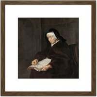 Artery8 Gabriel Metsu Old Woman Meditating Painting 8X8 Inch Square Wooden Framed Wall Art Print Picture with Mount in Brown