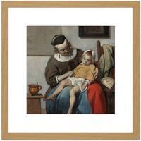 Artery8 Gabriel Metsu The Sick Child Painting 8X8 Inch Square Wooden Framed Wall Art Print Picture with Mount in Light Oak