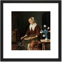 Artery8 Metsu Woman Eating Known As The Cats Breakfast 8X8 Inch Square Wooden Framed Wall Art Print Picture with Mount in Black