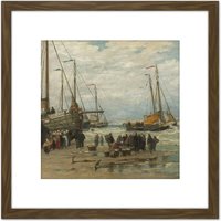 Artery8 Mesdag Fishing Pinks In Breaking Waves Painting 8X8 Inch Square Wooden Framed Wall Art Print Picture with Mount in Brown