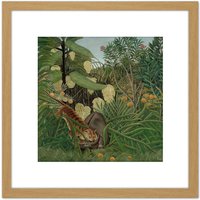 Artery8 Rosseau Fight Between A Tiger & A Buffalo 1908 8X8 Inch Square Wooden Framed Wall Art Print Picture with Mount in Light Oak