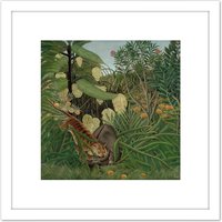 Artery8 Rosseau Fight Between A Tiger & A Buffalo 1908 8X8 Inch Square Wooden Framed Wall Art Print Picture with Mount in White