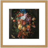 Artery8 De Heem Still Life Festoon Of Fruit & Flowers 8X8 Inch Square Wooden Framed Wall Art Print Picture with Mount in Light Oak