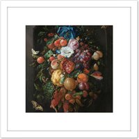Artery8 De Heem Still Life Festoon Of Fruit & Flowers 8X8 Inch Square Wooden Framed Wall Art Print Picture with Mount in White