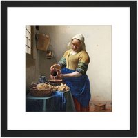 Artery8 Vermeer The Milkmaid Woman Kitchen Painting 8X8 Inch Square Wooden Framed Wall Art Print Picture with Mount in Black