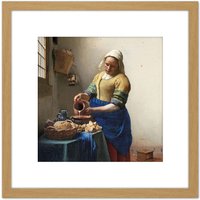Artery8 Vermeer The Milkmaid Woman Kitchen Painting 8X8 Inch Square Wooden Framed Wall Art Print Picture with Mount in Light Oak