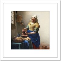 Artery8 Vermeer The Milkmaid Woman Kitchen Painting 8X8 Inch Square Wooden Framed Wall Art Print Picture with Mount in White