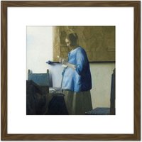 Artery8 Vermeer Woman Reading A Letter Painting 8X8 Inch Square Wooden Framed Wall Art Print Picture with Mount in Brown