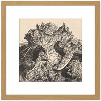 Artery8 Julie De Graag Three Slugs On A Cabbage Woodcut 8X8 Inch Square Wooden Framed Wall Art Print Picture with Mount in Light Oak