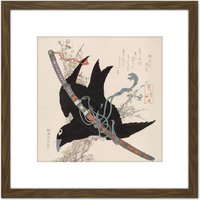 Artery8 Hokusai The Sword Kogarasumaru Of Minamoto Family 8X8 Inch Square Wooden Framed Wall Art Print Picture with Mount in Brown