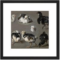 Artery8 Hondecoeter Seven Chicks Birds Painting 8X8 Inch Square Wooden Framed Wall Art Print Picture with Mount in Black