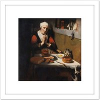Artery8 Maes Old Woman Saying Grace The Prayer Without End 8X8 Inch Square Wooden Framed Wall Art Print Picture with Mount in White