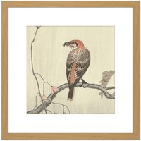 Artery8 Ohara Koson Crossbill On Tree Branch Japan 8X8 Inch Square Wooden Framed Wall Art Print Picture with Mount in Light Oak
